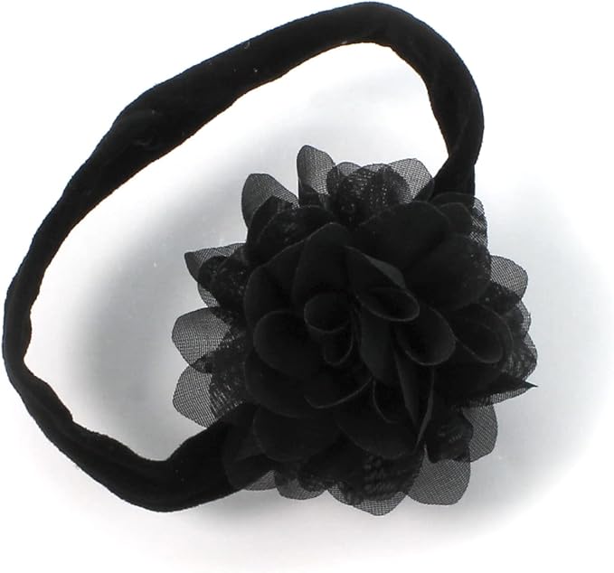 My Lello Baby Girl Rounded Petal Chiffon Flower Nylon Elastic Headbands Set 2pcs - Small - White/Black