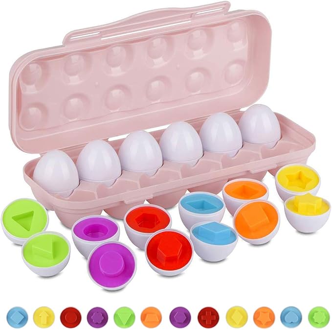 Hhyn Color Shape Matching Eggs for Toddlers, Preschool Learning Educational Sorting Easter Eggs Toys Gift Recognition Skills for Kids Boys Girls with Pink Eggs Holder, 12 Eggs