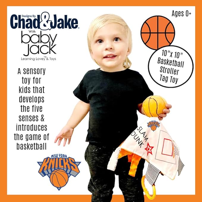 The Learning Lovey New York Knicks Baby Tag Toy - NBA Basketball - Baby Sensory Crinkle Toys - Soft & Safe - Ideal Baby Stroller Toy - BPA Free w/Stroller Clip