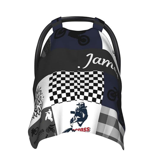 Personalized Dirt Bike Black Baby Car Seat Canopy for Babies with Name, Custom Motocross Baby Car Seat Covers for Boys, Opening Minky Nursing Breastfeeding Cover Infant Carseat Canopies for Newborn
