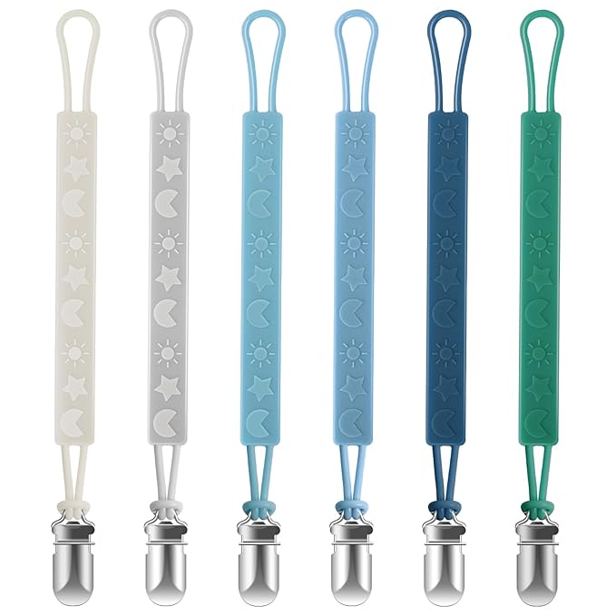 TenderBabe Silicone Pacifier Clip Holder for Baby Girls and Boys, Pack of 6 Soft Flexible Paci Binky Clips with One Piece Design