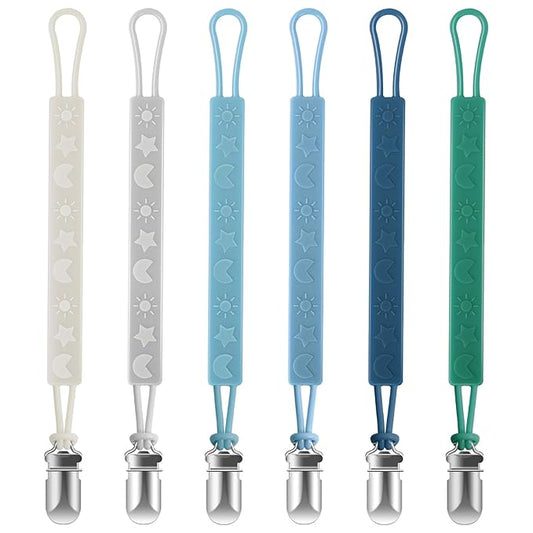 TenderBabe Silicone Pacifier Clip Holder for Baby Girls and Boys, Pack of 6 Soft Flexible Paci Binky Clips with One Piece Design