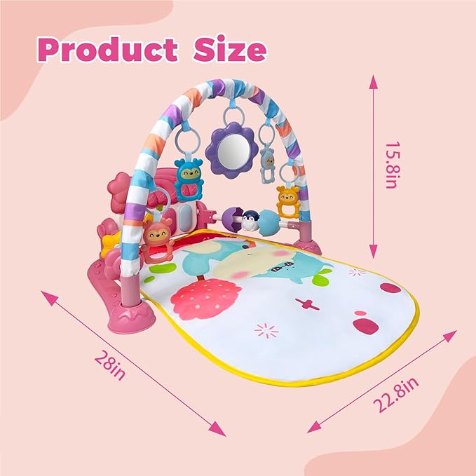 Cuterabit Baby Gym Play Mat, Musical Activity Center for Baby, Kick and Play Piano Gym, Tummy Time Play Mat for Newborn Babies Infants Boys Girls 0-3-6-9-12 Months (Pink)