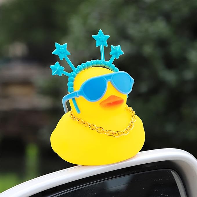 wonuu Car Duck Rubber Duck Car Ornaments Duck Car Dashboard Decorations with Cute Headband Swim Ring Necklace Sunglasses, B-Blue Star Headband-Transparent
