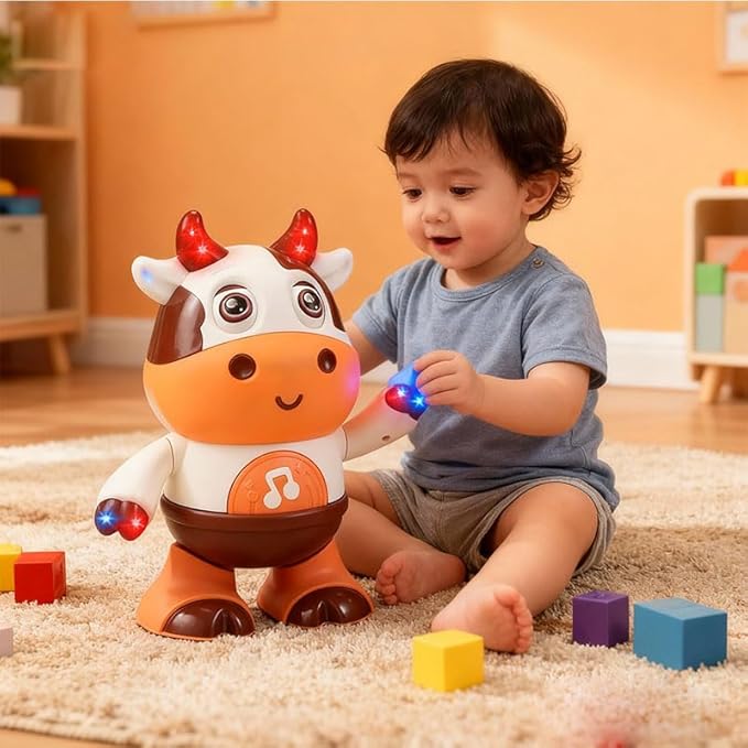 Electric Dancing Cow Light up Musical Cow Plastic Dancing Toys Baby Animal Sounds Toys Toddler Sensory Educational Interactive Swinging Calf 3 AA Battery Operated, Age 3+