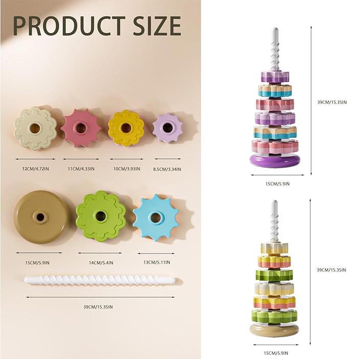 Stacking Toys for Toddlers 1-3,Montessor Spinning Stacker Toy,Ring Stacker Toys,Sit and Spin Sensory & Autism Fine Motor Skills for Babies 6-12 Months, 16-Inch，Rotating Tower Toy