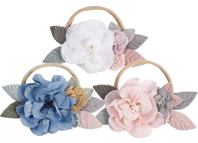 3PCS Baby Girl Flower Headbands Set Elastic Bow Hair Band Handmade Bow For Newborn Infant Toddler Pack