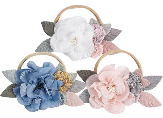 3PCS Baby Girl Flower Headbands Set Elastic Bow Hair Band Handmade Bow For Newborn Infant Toddler Pack