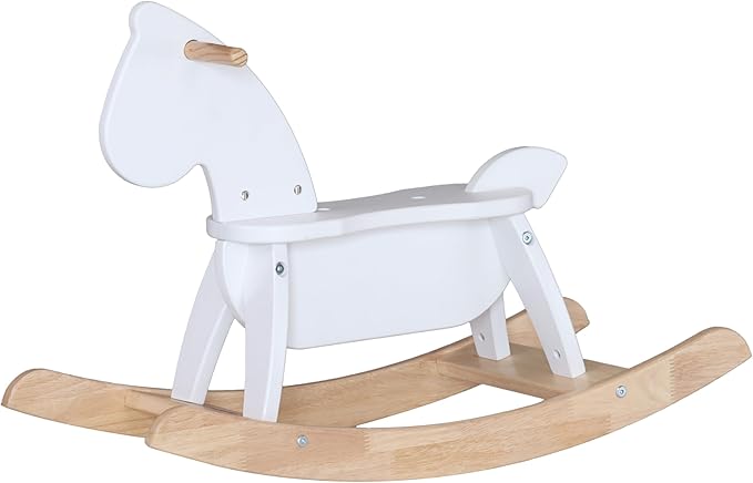 White Wooden Rocking Horse Funny for Toddlers (Ages 2-4) - Solid Rubber Wood, Smooth Surface for Creative Decoration, Minimalist Rocking Horse, Vintage