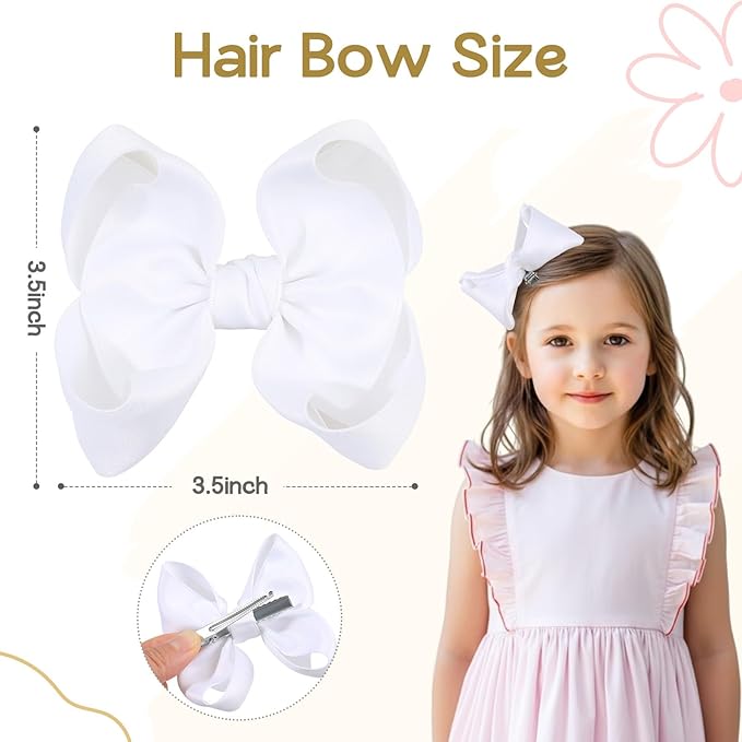 OAOLEER 2PCS 3.5inch Hair Bows for Girls，White Stain Ribbon Hair Bows Alligator Clips Hair Accessories for Back To School Teen Toddler Girls Kids (White)