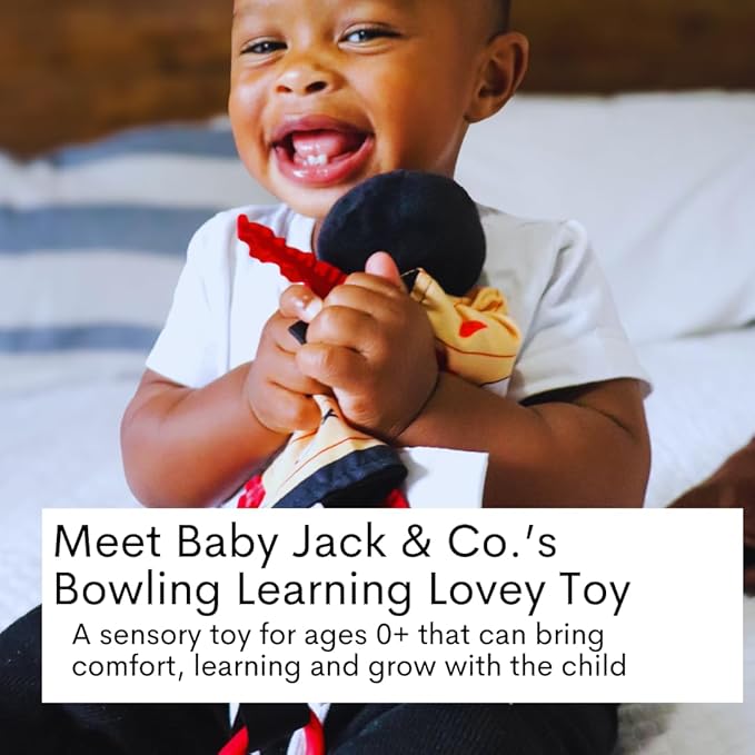 Baby Jack & Co 10x10 Bowling Sports Lovey Sensory Plush Blanket - Tag Toys for Babies - Baby Stroller Toys - Learn Shapes, Letters & Colors - Perfect MVP Baby Toy & Baby Sports Gift w/Stroller Clip