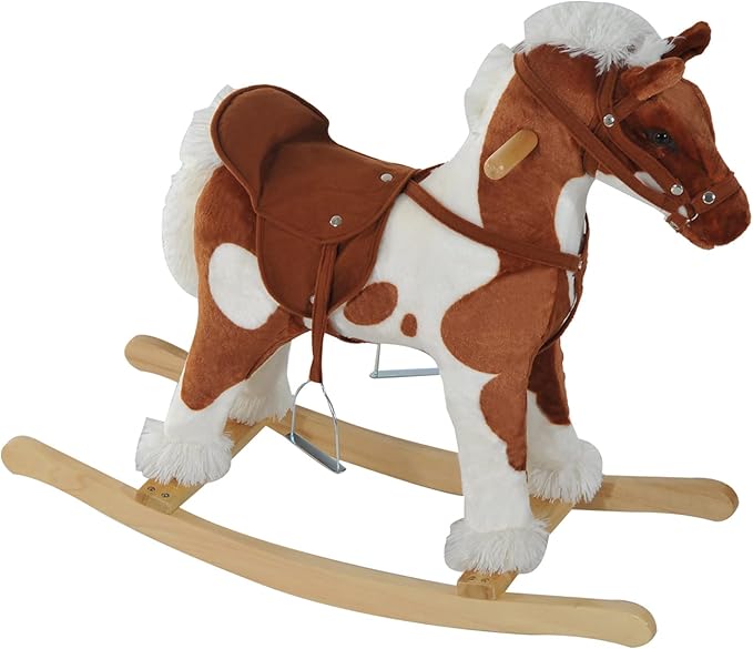 Qaba Wooden Toddler Rocking Horse, Kids Plush Ride on Horse Toy Animal Rocker with Nursery Rhyme Music Brown