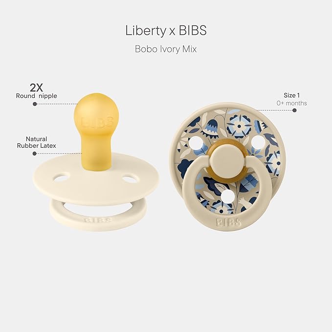 BiBS Liberty Pacifier 2-Pack, BPA Free Pacfiers with Natural Latex Round Nipple, Made in Scandinavia, Size 1 (0-6 Months), Bobo Ivory Mix