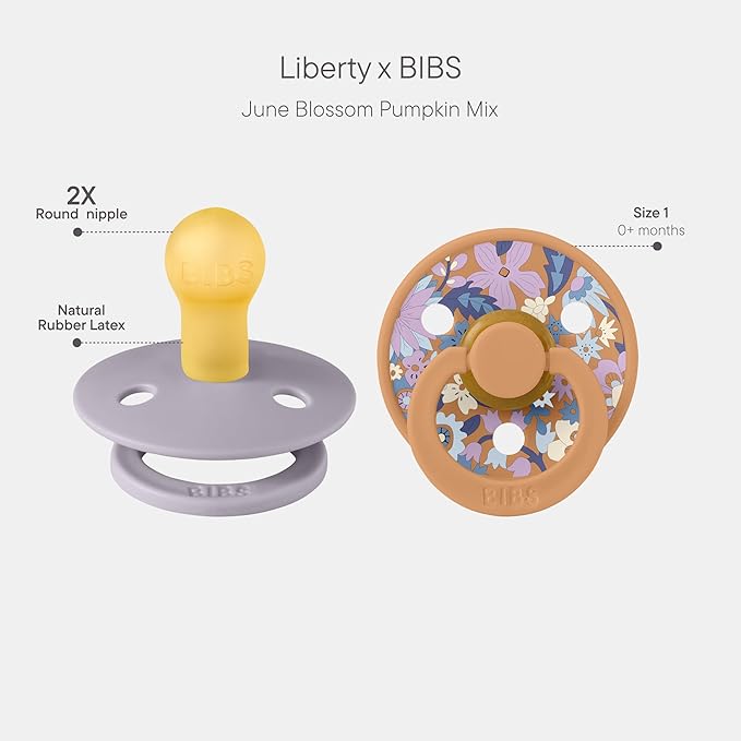 BiBS Liberty Pacifier 2-Pack, BPA Free Pacfiers with Natural Latex Round Nipple, Made in Scandinavia, Size 1 (0-6 Months), June Blossom Pumpkin Mix