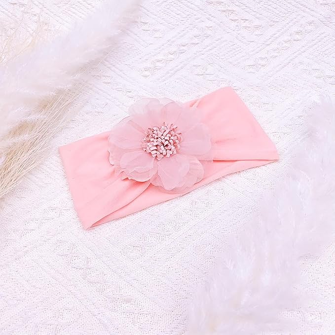 Large Flower Elastic headband for Baby Girl Infant Soft Fabric Chiffon Floral Hairband Toddler Newborn Christening Baptism Hair Accessories (Flower 2 - Pink, Elastic)