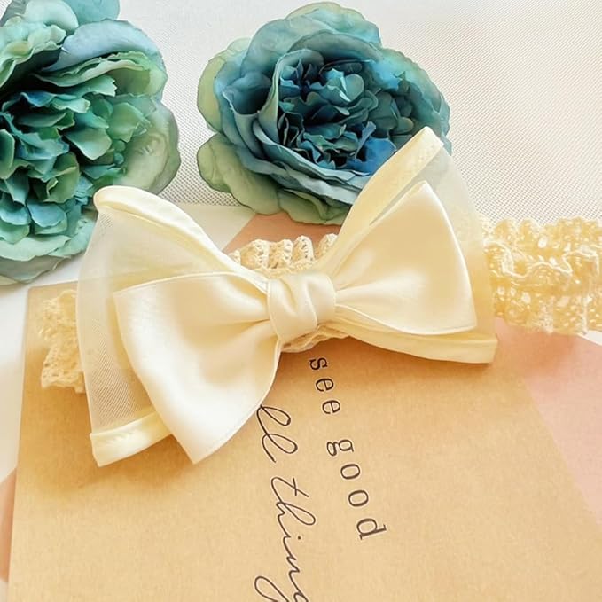 Cute Baby Girl Lace Headband Lace Bow Hair Accessories Elastic Bow Head Wrap for Newborn Infant Toddler Christening Baptism Party Hair Accessories for 0-36 Months (Ivory E, Free)