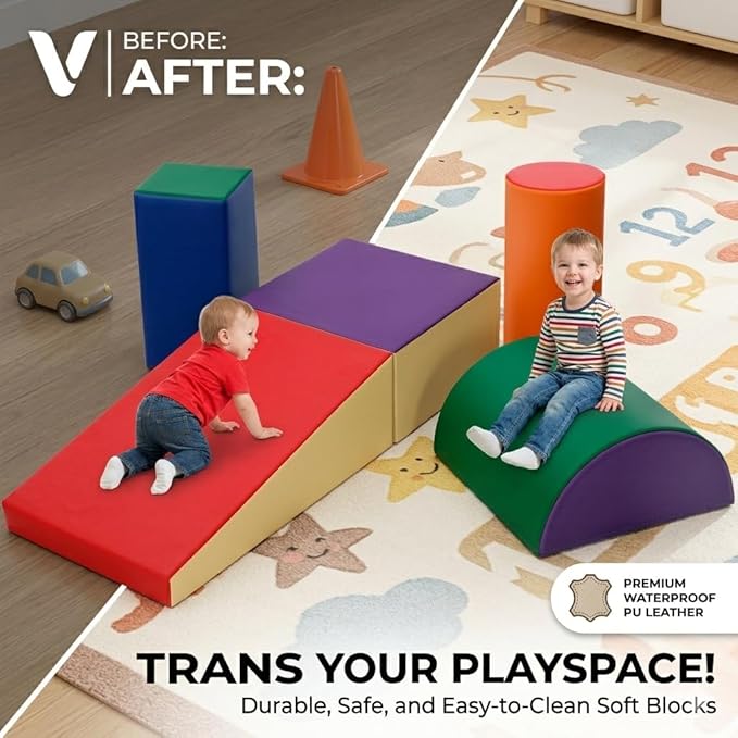 JungleDove 5-Piece Soft Play Climbing Blocks for Toddlers - High-Density Foam Kids Indoor Climber - Waterproof PU Leather Baby Gym Mats for Toddler Playroom & Daycare (Classic Color)