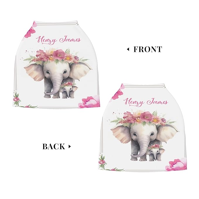 Personalized Car Seat Covers with Name, Elephant Baby Canopy Carrier Cover, Breathable Breastfeeding Nursing Cover, Stretchy Multi-Use Infant Carseat Stroller Cover
