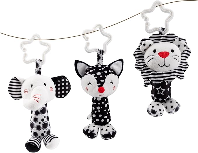 Black & White Baby Wind Chime Hanging Toys - High Contrast Rattles for Newborns 0-12 Months, Stroller & Car Seat Mobile, Hanging Rattle Toys for Babies, Clip Hanging Plush Squeeze Toys