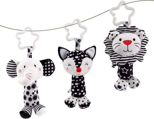 Black & White Baby Wind Chime Hanging Toys - High Contrast Rattles for Newborns 0-12 Months, Stroller & Car Seat Mobile, Hanging Rattle Toys for Babies, Clip Hanging Plush Squeeze Toys