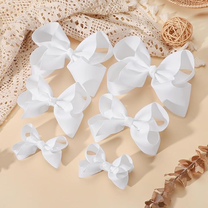 Hair Bows for Girls Alligator Clips White Grosgrain Ribbon Solid Color Hair Accessories for Little Teen Toddler Girls Kids (6inch ×2, 4inch ×2, 3inch ×2)