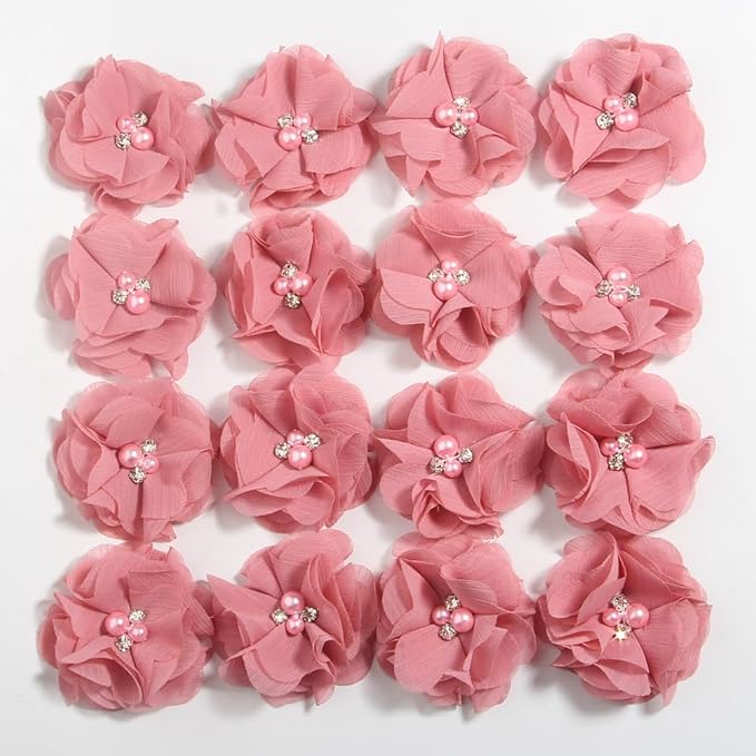 50 Pcs 2" Mini Chiffon Flowers with Rhinestones for Baby Girls Hair Accessories Artificial Fabric Flowers for Headbands Craft Projects (Dusty Pink)