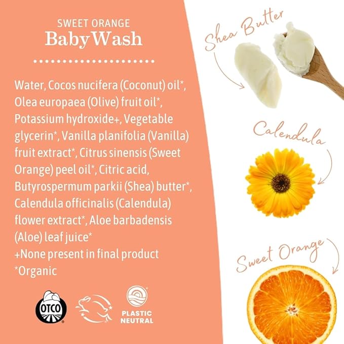 Earth Mama Sweet Orange Baby Liquid Wash Foaming Hand Soap, Organic All Purpose Body Wash for Sensitive Skin, Castile Soap with Coconut Oil, Shea Butter, Calendula, & Aloe, 6.27 fl oz