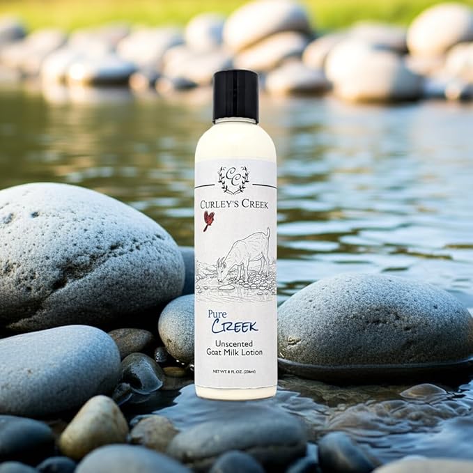 Curley's Creek Goat Milk Lotion | Handmade Natural Skincare | 4 ounce & 8 ounce 8 ounce, Pure Creek (Unscented)
