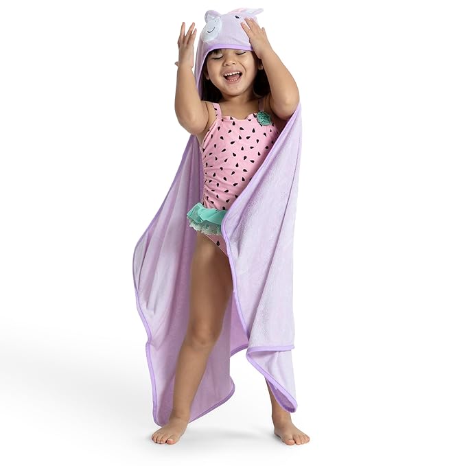 Delta Children Kids Hooded Bath Towel with Pockets - Super Soft and Absorbent- Great Gift for Boys and Girls, Light Purple Unicorn