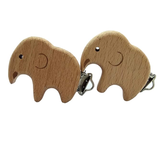 5pcs Natural Beech Wood Animal Pacifier Clips Grasping Toy Suspender Chain Clips Charm Antique DIY Beading Accessory (Elephant)