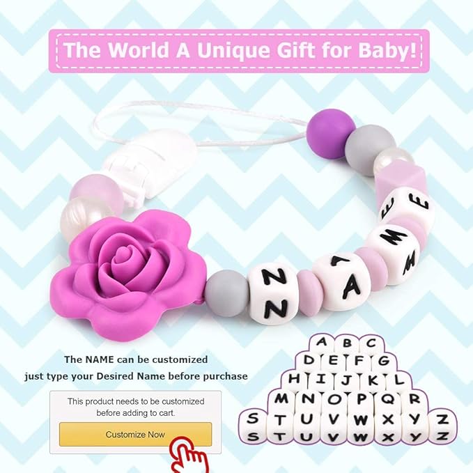 Personalized Pacifier Clip with Name for Baby, Customized Pacifier Clip Fits All Pacifiers, Purple Rose