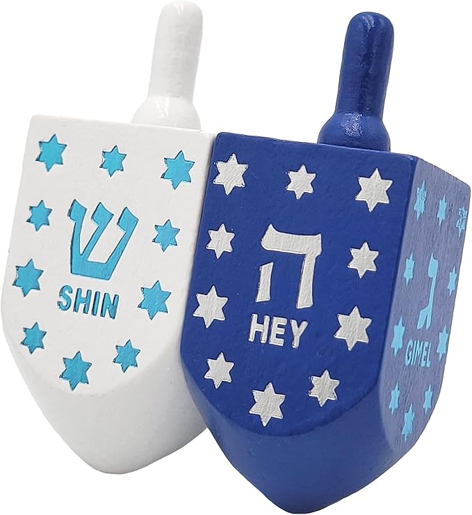 The Dreidel Company Extra Large Hand Painted Wood Hanukkah Dreidels, 24-Pack Blue & White Star Design