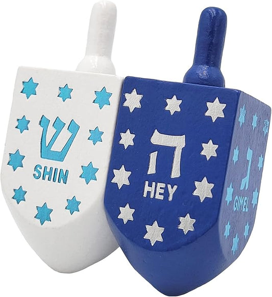 The Dreidel Company Extra Large Hand Painted Wood Hanukkah Dreidels, 24-Pack Blue & White Star Design