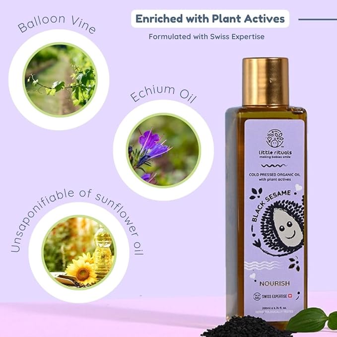 Little Rituals BLACK SESAME - BABY MASSAGE OIL Certified Organic, Wood Cold-Pressed for Skin and Hair with SWISS Plant Actives - 200 ml. Dermatologist Tested by Pediatrics, Mild & Gentle & Safe