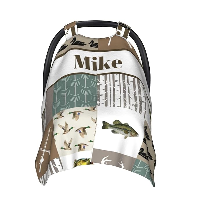 Custom Baby Car Seat Canopy with Name, Personalized Hunting Theme Baby Car Seats Covers for Baby Boy, Opening Minky Nursing Breastfeeding Cover for Infant, Carseat Canopies for Newborn