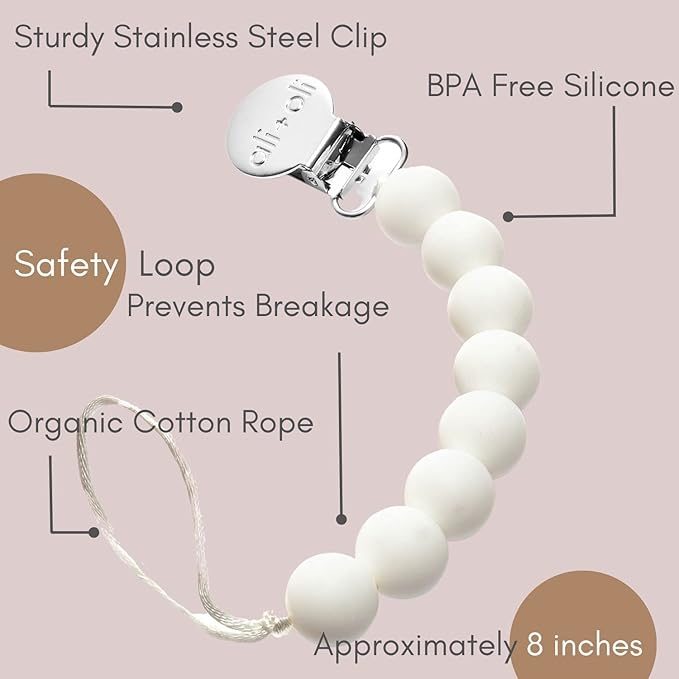 Ali+Oli Silicone Pacifier Clip for Baby (White) 100% Food-Grade BPA Free Newborn Pacifier Holder Infant Binky Clip for Baby Boy or Girl