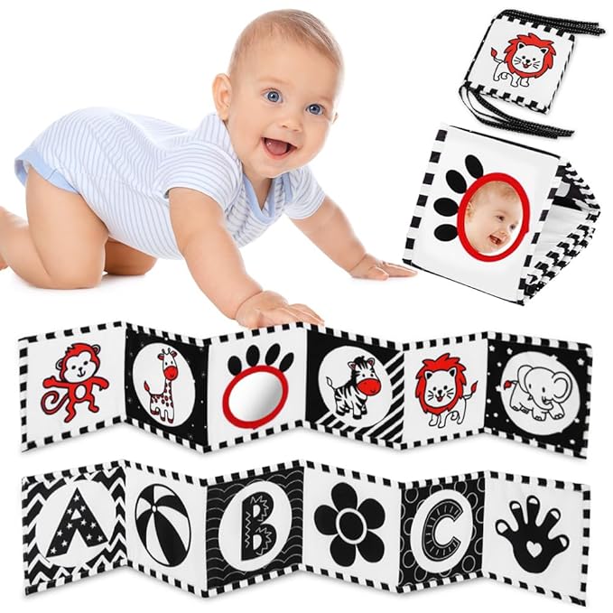 Vicloon Black and White High Contrast Baby Toys, Soft Baby Book for Newborn 0-3-6-12 Months, Infant Tummy Time Toys, Early Education Sensory Toys, Visual Stimulation Folding Cloth Book for Boys Girls