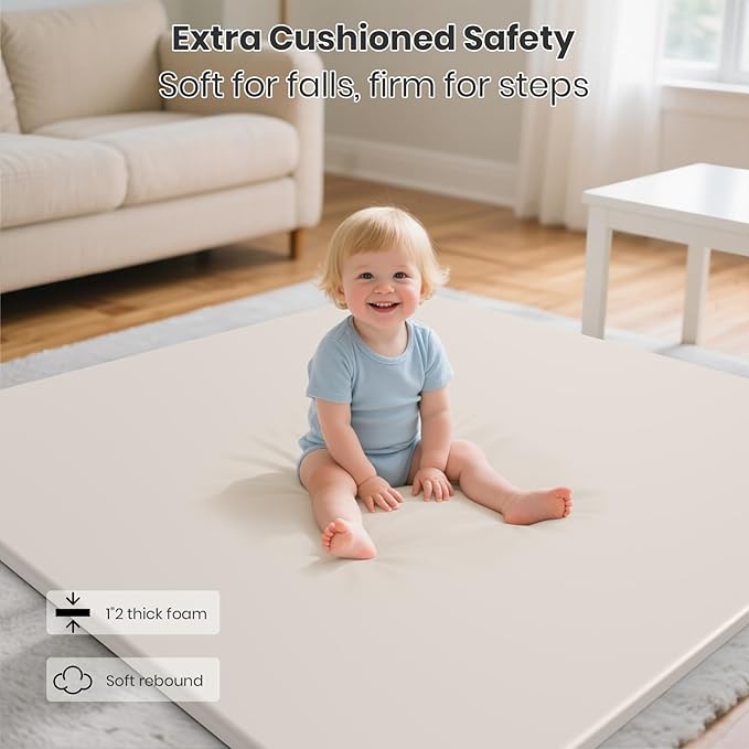 Baby Play Mats for Floor, 50x50 Extra Thick & Super Soft Play Mat for Floor, Toddlers & Baby Play Mat, Waterproof Non-Slip Play mat, Stylish Breathable Easy to Clean Playmat - Beige