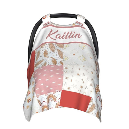 Personalized Baby Car Seat Canopy for Babies with Name, Custom Name Car Seat Covers for Girls, Colorful Rainbow Opening Minky Nursing Breastfeeding Stroller Cover Infant Carseat Canopies for Newborn