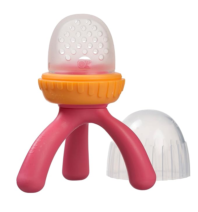 b.box Silicone Fresh Food Feeder | Ages 4 Months+ | Tripod Design Easy for Baby to Hold | Perfect for Fresh or Frozen Foods | Cap Included for On the Go | Dishwasher Safe (Strawberry Shake)