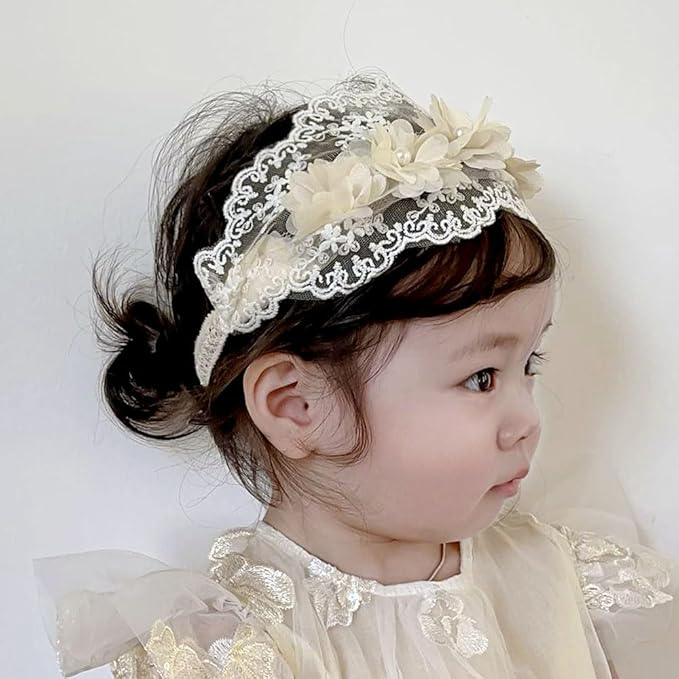 White Lace Flower Headband for Baby Girls Toddler Christening Baptism Hairband Soft Lace Floral Birthday Party Hair Accessories for Newborn Infants Kids (Style 12, One size)