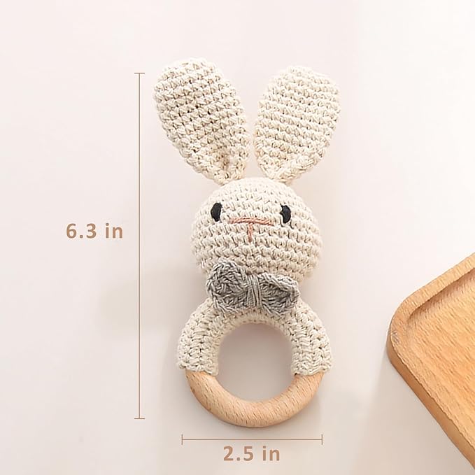 Wooden Baby Rattle, Handcrafted Crochet Bunny Rattles with Wooden Teething Ring, Beige Rabbit Newborn Toy Stuffed Animal Organic Rattle Baby Announcement Ideas Props
