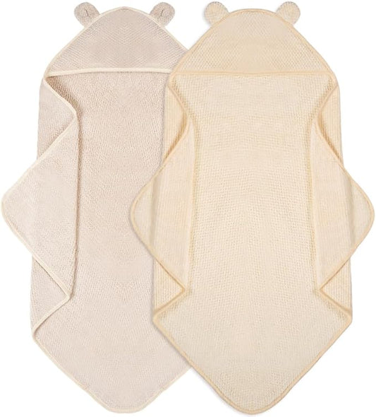 Baby Hooded Towel 2 Pack Bath Towels for Newborn with Animal Design Shower Essentials for Baby Girl Boy and Toddler (Camel & Beige, Medium)