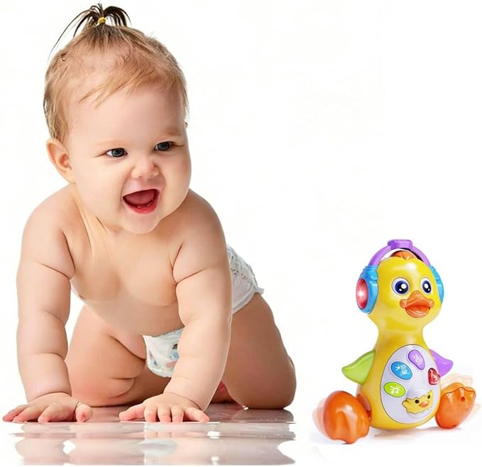 Musical Flapping Yellow Duck, Crawling Tummy Time, Educational Learning Walking Light Up Dancing Toy for 1 Year Old Baby Toddler Infant Easter Valentine Gifts