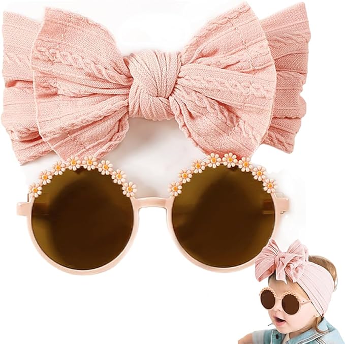 Baby Girls Soft Bows Headband and Daisy Flower Sunglasses Set Hair Bow Headwrap Hair Accessories for Toddler Infant