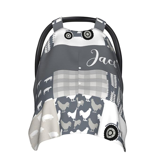 Personalized Baby Car Seat Canopy for Babies with Name, Custom Car Seat Covers for Boys and Girls, Infant Opening Minky Nursing Breastfeeding Stroller Cover Carseat Canopies for Newborn (Farm Theme)