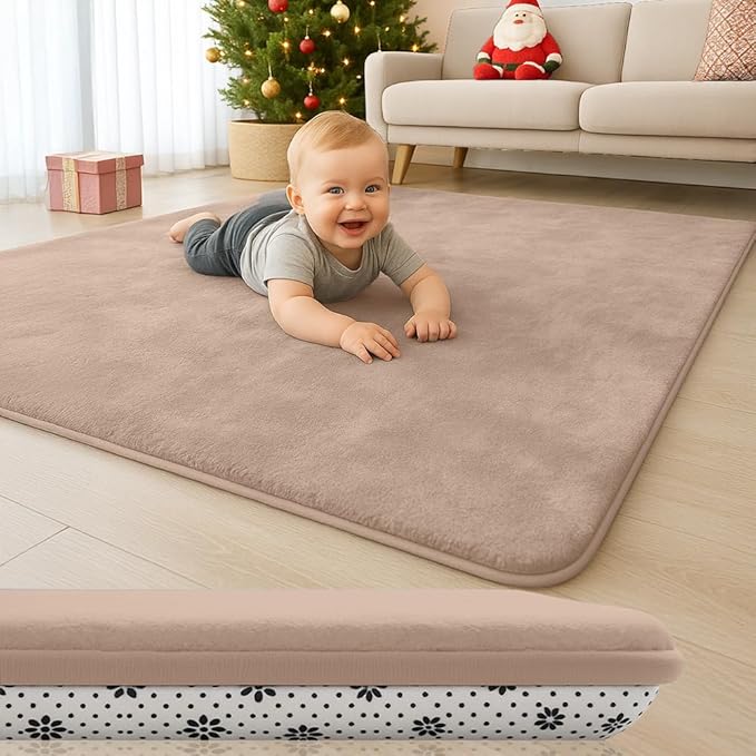 Thick Padded Baby Floor Play Mat 1.2" Cushioned Velvet Surface Non Slip Bottom High Density Foam Safe and Soft Floor Mat for Infants Toddlers and Playpen Use (Lightbrown, 71X 59)