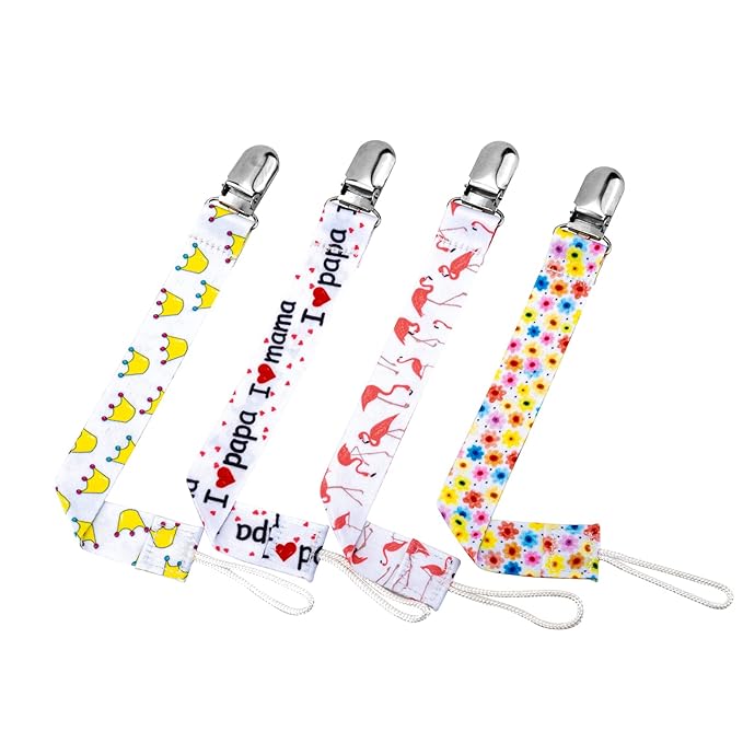 Pacifier Clip for Baby Boys Girls, 4 Pack Pacifier Holder Boho Pattern Leash Pacifier Strap with Clip Unisex Baby Shower Birthday Christmas Gift (Flamingo)