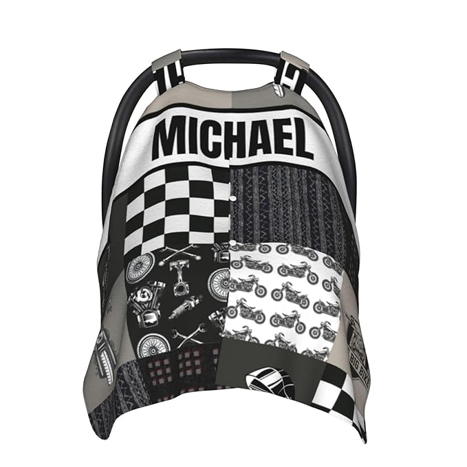 Custom Baby Car Seat Canopy with Name, Personalized Baby Car Seats Covers for Baby Boy, Motorcycle Opening Minky Nursing Breastfeeding Cover for Infant, Carseat Canopies for Newborn