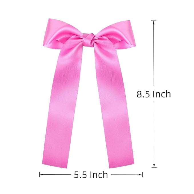 2-Pack Long Satin Ribbon Hair Bows for Girls – Elegant Silk Hair Clips for Toddlers, Infants, Teens & Kids - Hot Pink
